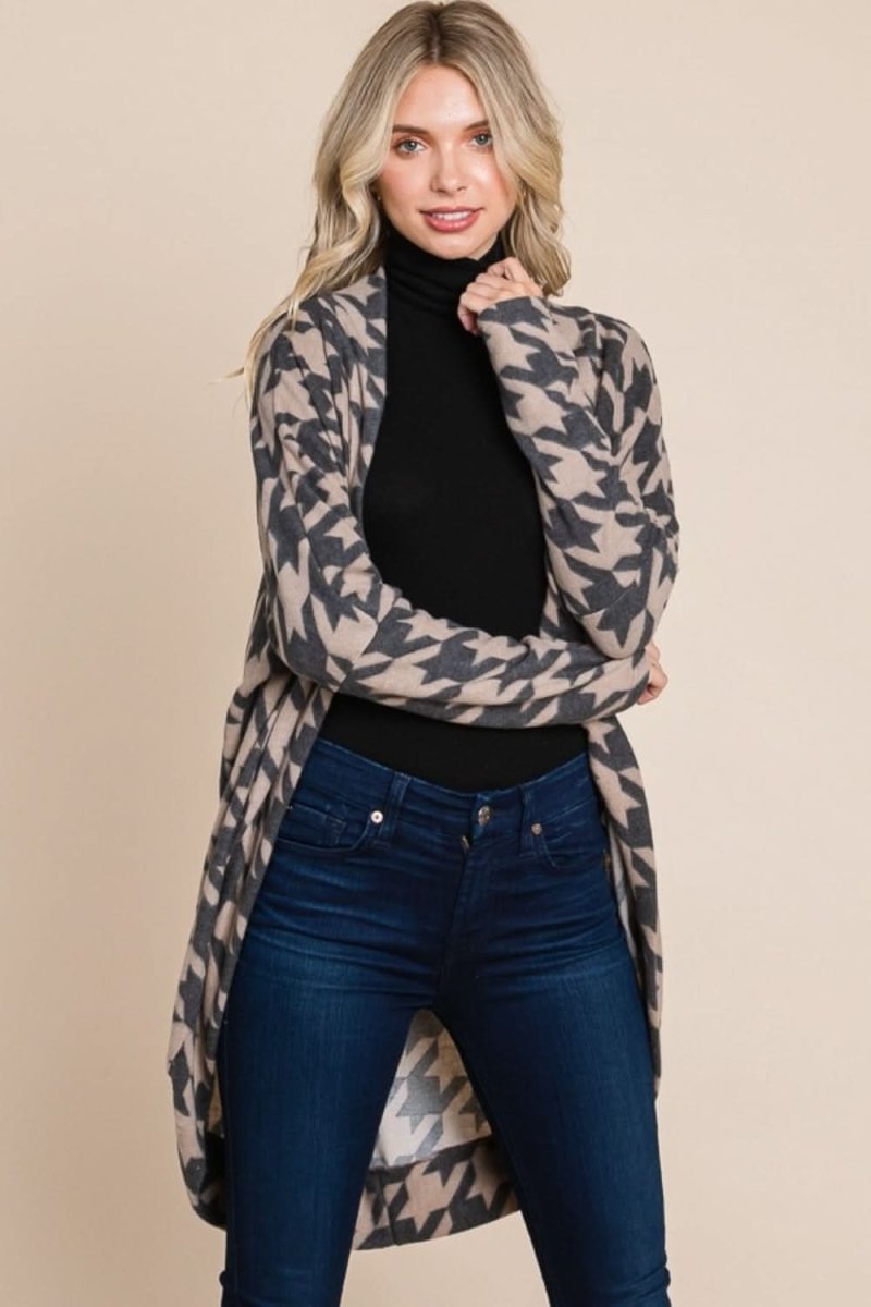 BOMBOM Houndstooth Open Front Cocoon Knit Cardigan - Love Salve